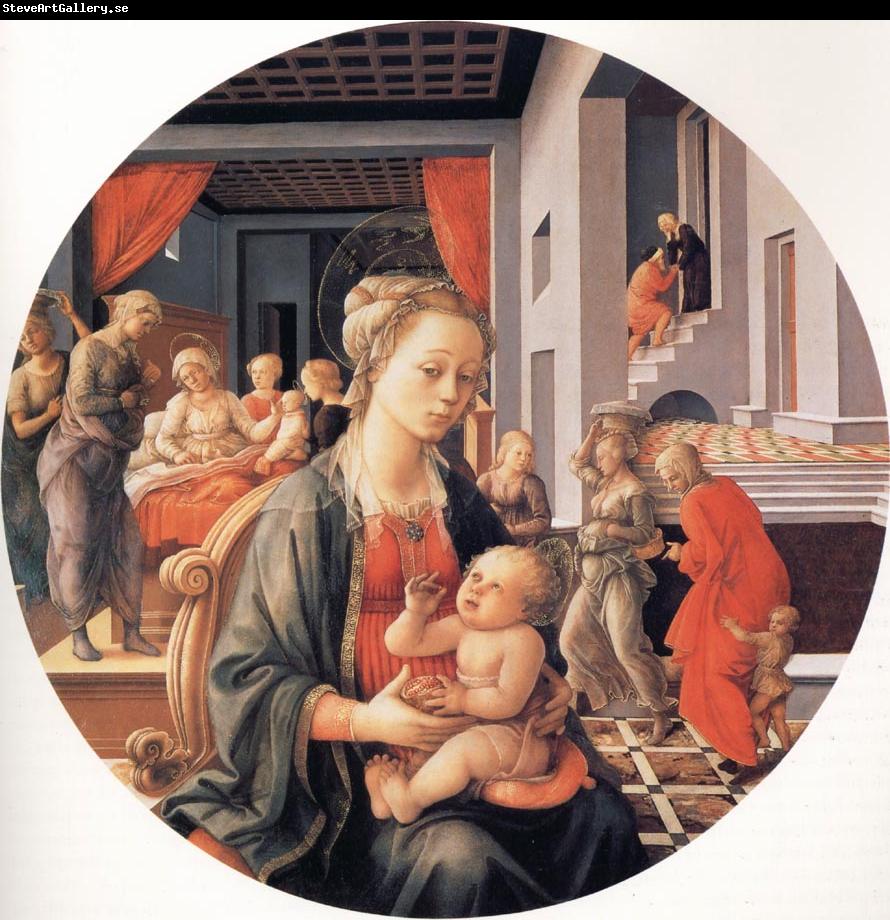 Fra Filippo Lippi The Madonna and Child with the Birth of the Virgin and the Meeting of Joachim and Anna